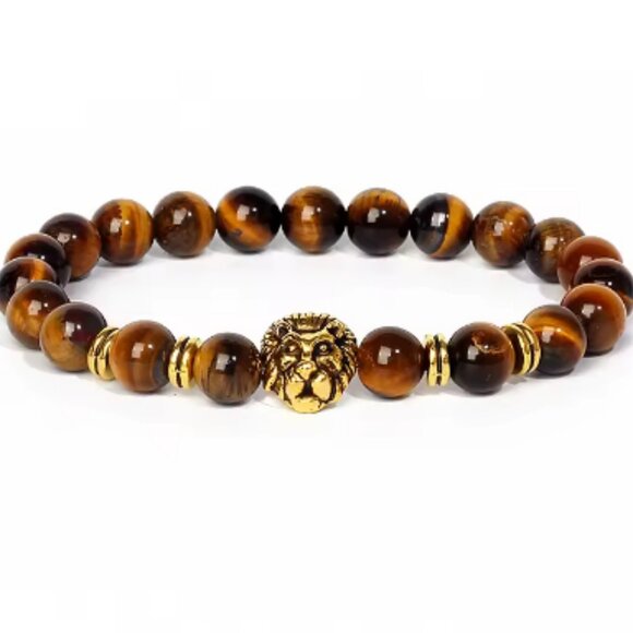 Lion Bracelet,Gemstone Lion Bracelet,8mm Beads,Golden Lion - Picture 1 of 1
